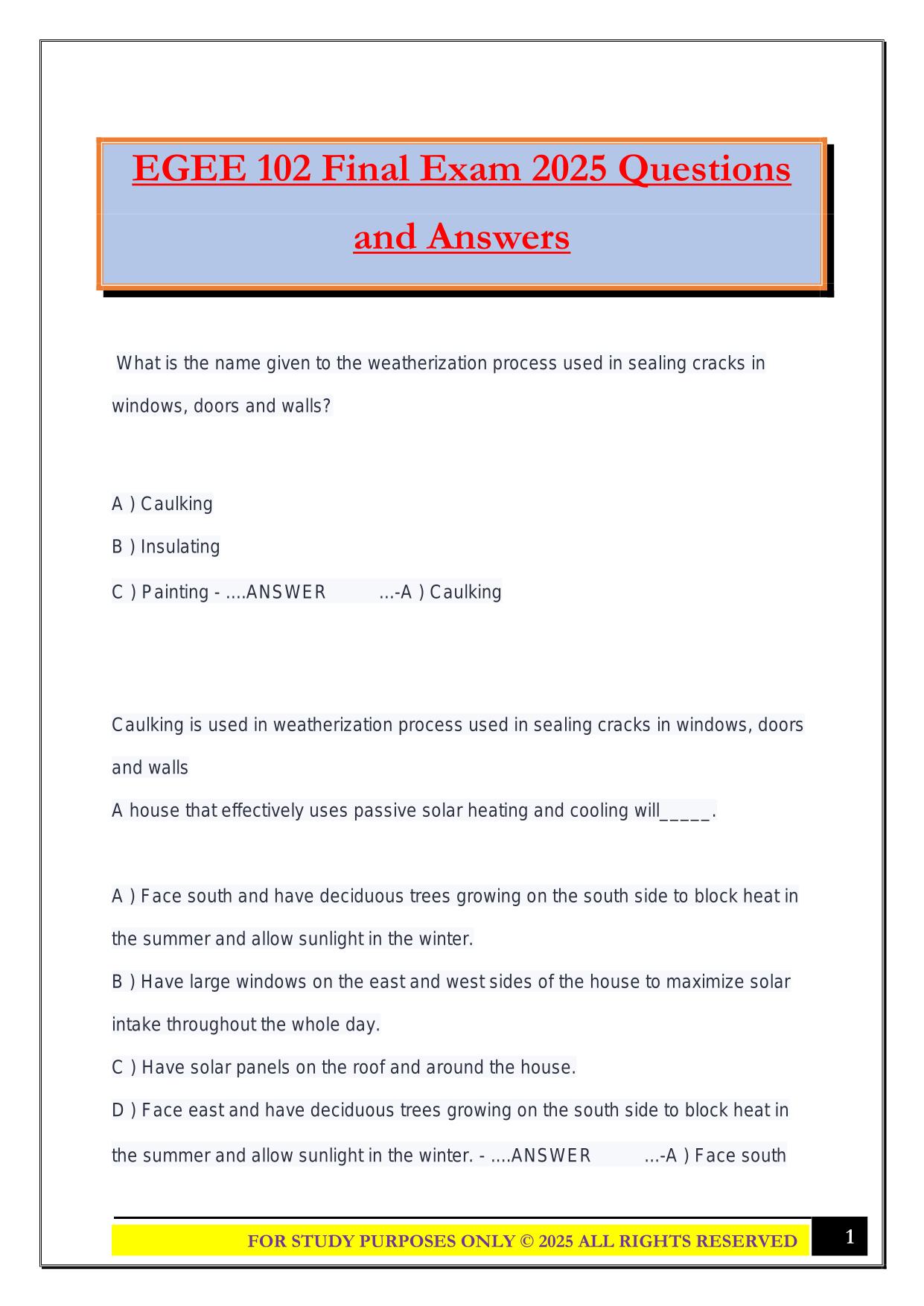 EGEE 102 Final Exam 2025 Questions and Answers