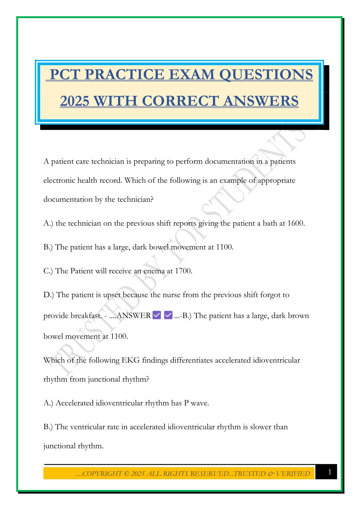 PCT PRACTICE EXAM QUESTIONS 2025 WITH CORRECT ANSWERS