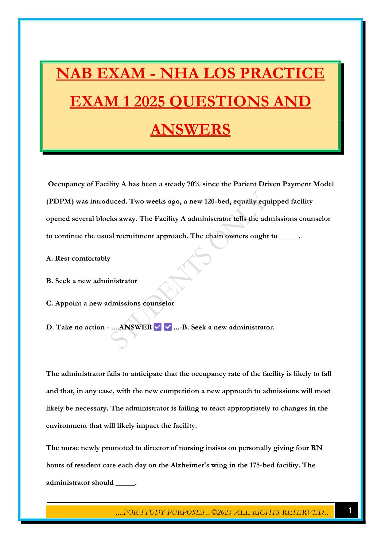 NAB EXAM - NHA LOS PRACTICE EXAM 1 2025 QUESTIONS AND ANSWERS