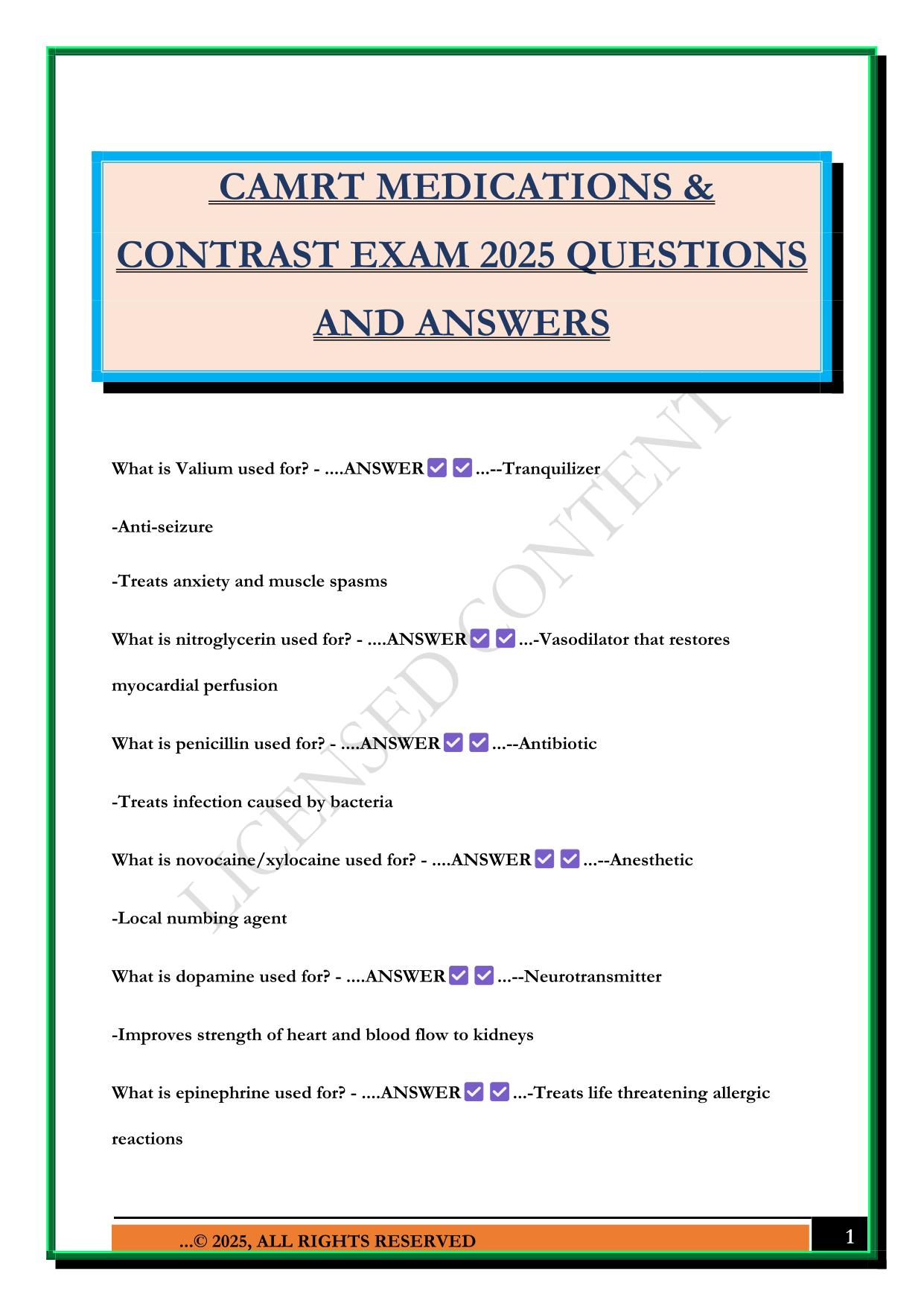 CAMRT MEDICATIONS & CONTRAST EXAM 2025 QUESTIONS AND ANSWERS
