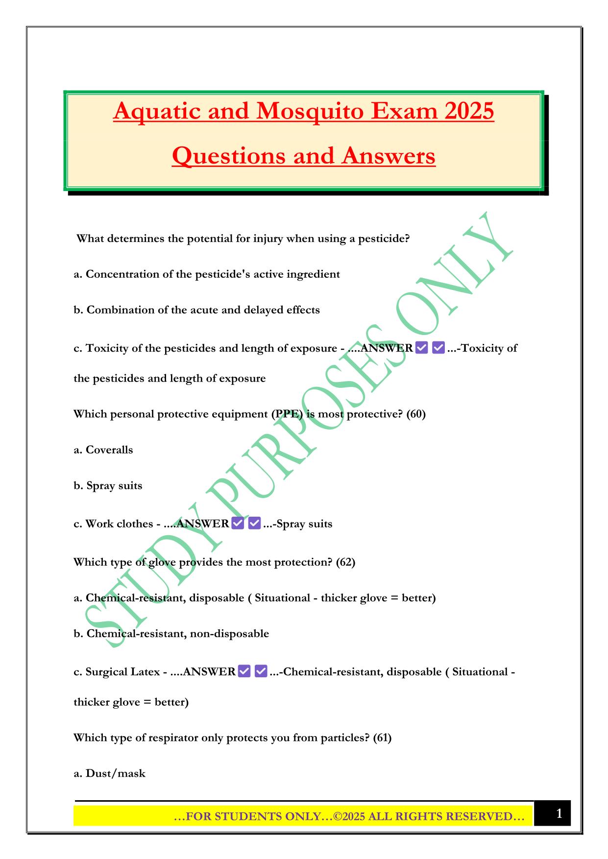 Aquatic and Mosquito Exam 2025 Questions and Answers