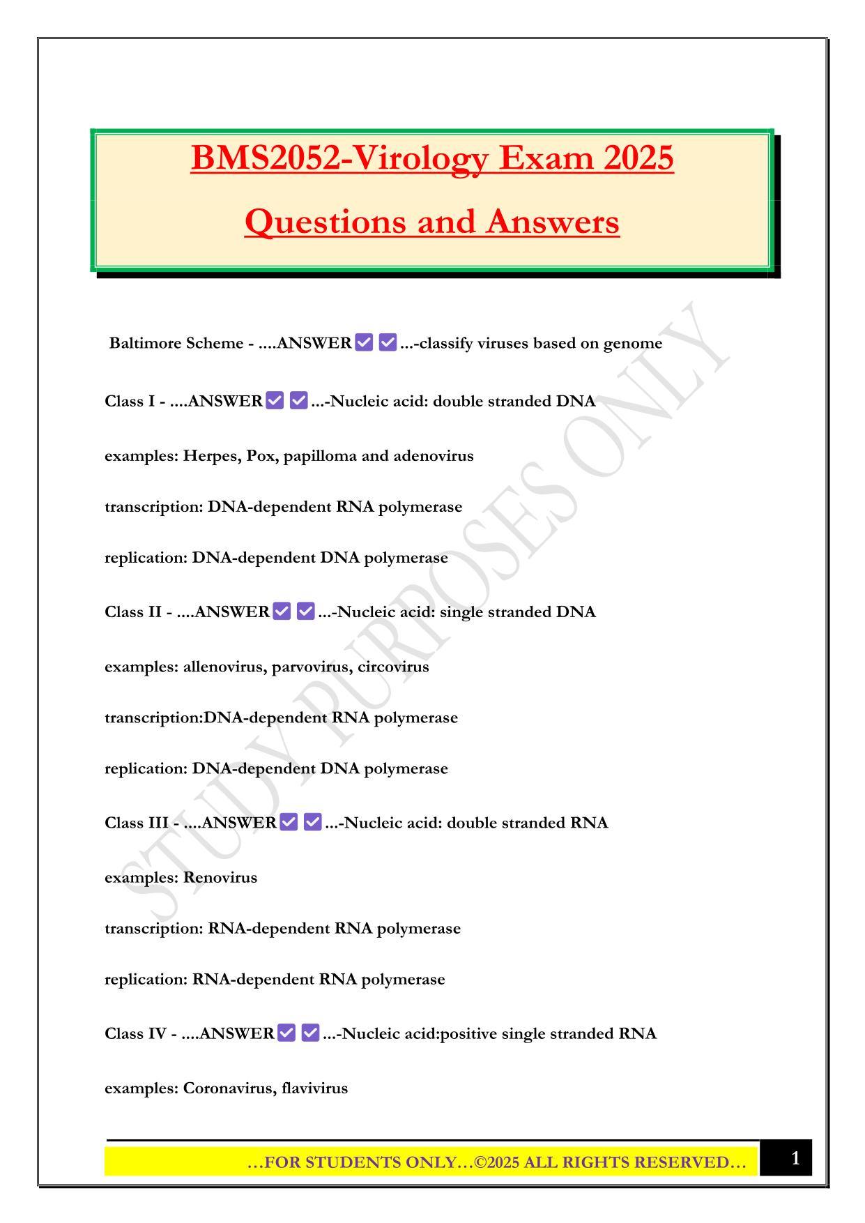 BMS2052-Virology Exam 2025 Questions and Answers