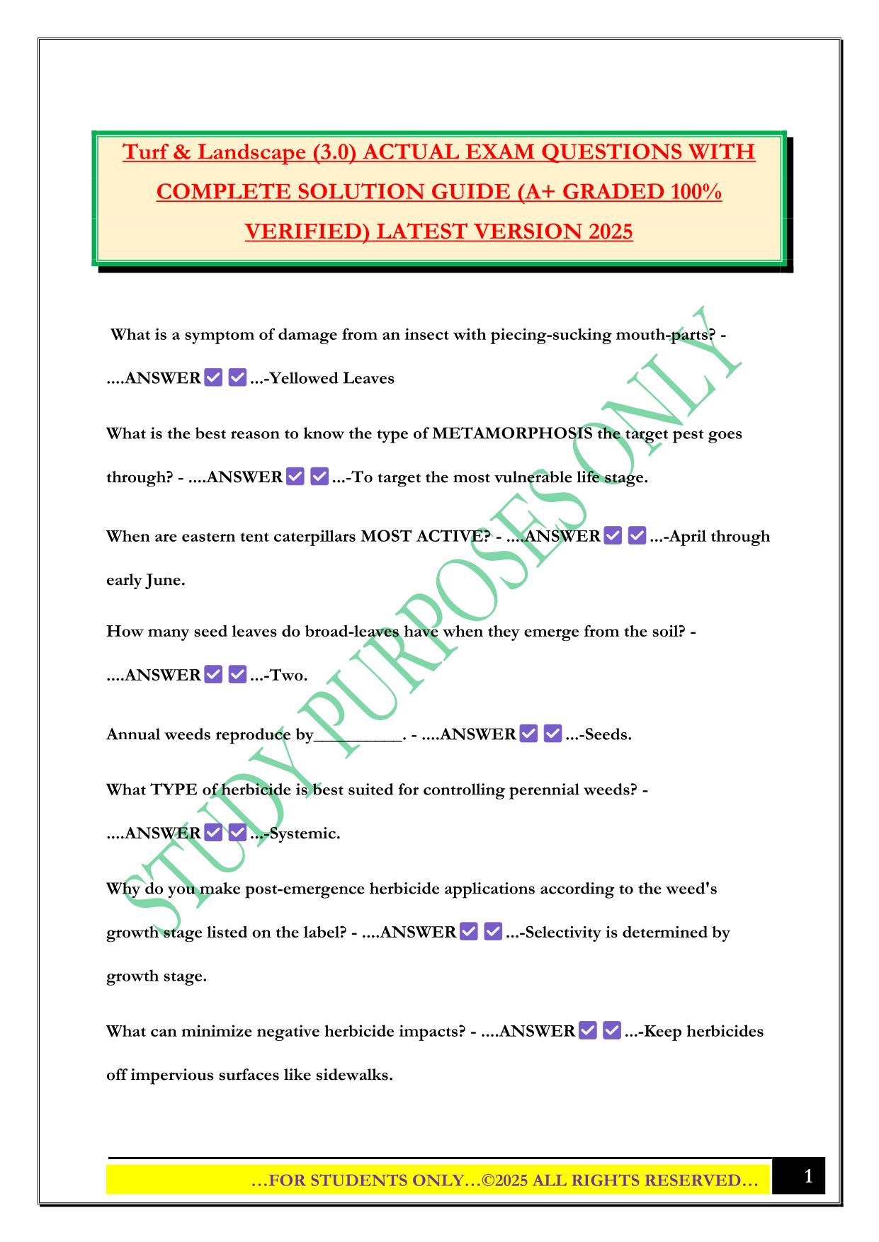 1…FOR STUDENTS ONLY…©️ 2025 ALL RIGHTS RESERVED… Turf & Landscape (3.0) ACTUAL EXAM QUESTIONS WITH COMPLETE SOLUTION GUIDE (A+ GRADED 100% VERIFIED) LATEST VERSION 2025