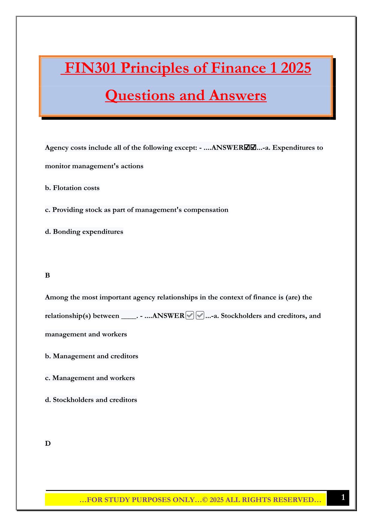 FIN301 Principles of Finance 1 2025 Questions and Answers