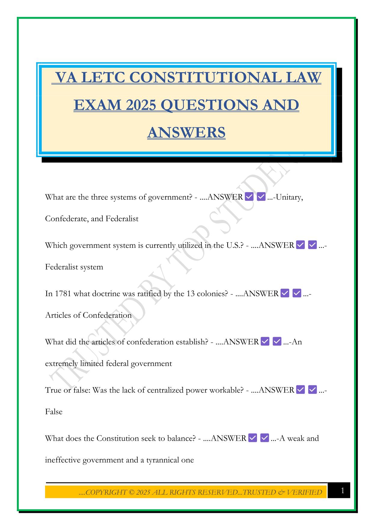 VA LETC CONSTITUTIONAL LAW EXAM 2025 QUESTIONS AND ANSWERS