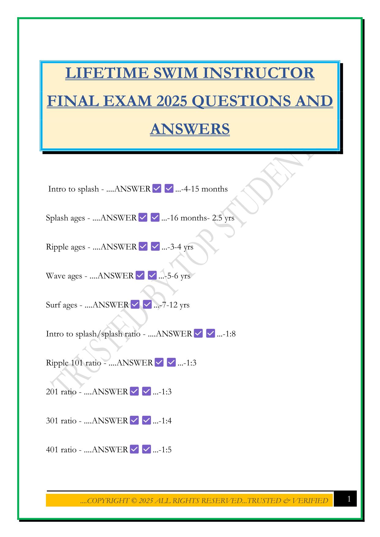 LIFETIME SWIM INSTRUCTOR FINAL EXAM 2025 QUESTIONS AND ANSWERS