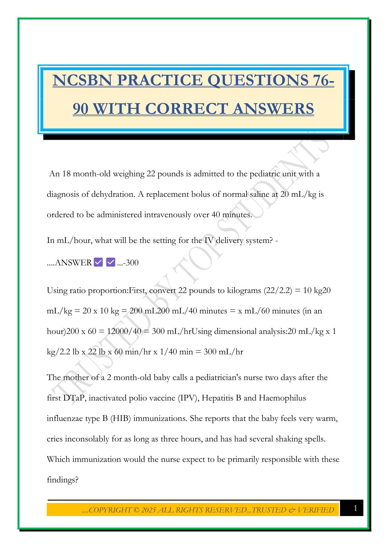 NCSBN PRACTICE QUESTIONS 76- 90 WITH CORRECT ANSWERS