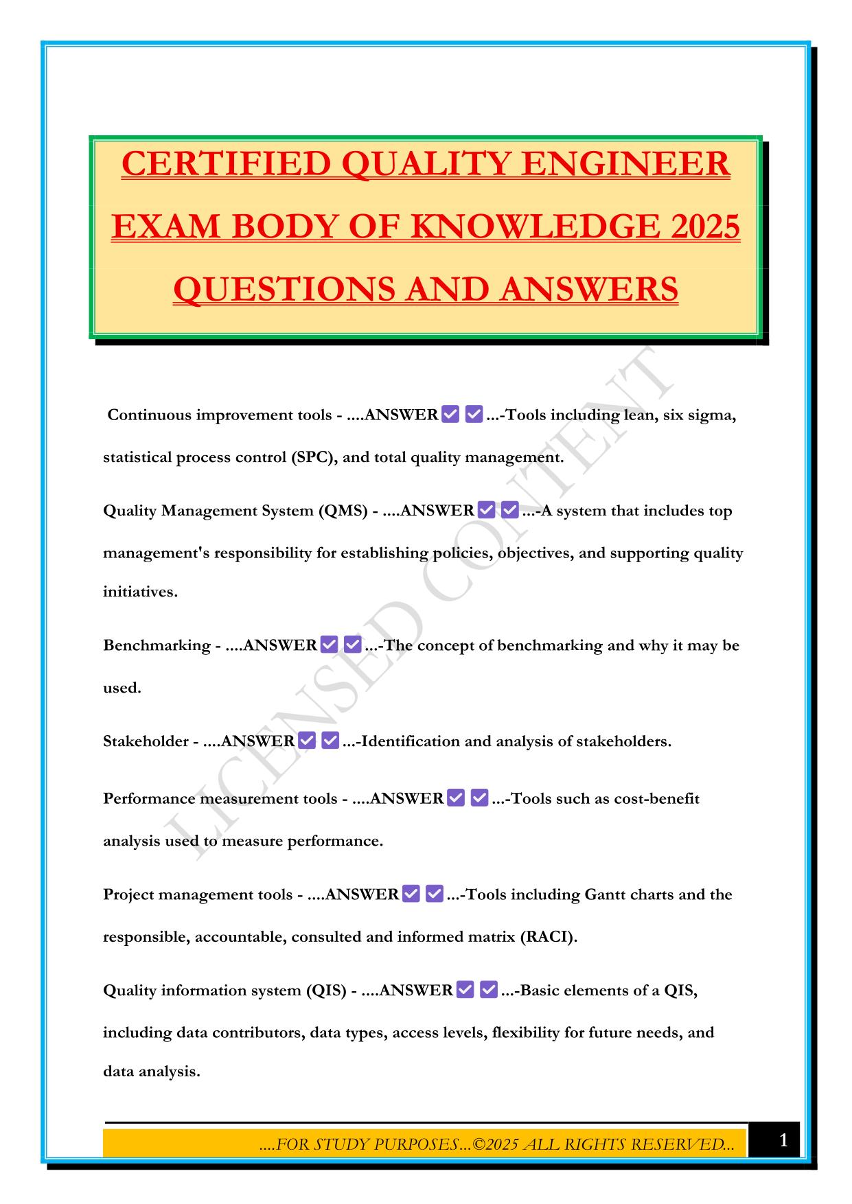 CERTIFIED QUALITY ENGINEER EXAM BODY OF KNOWLEDGE 2025 QUESTIONS AND ANSWERS