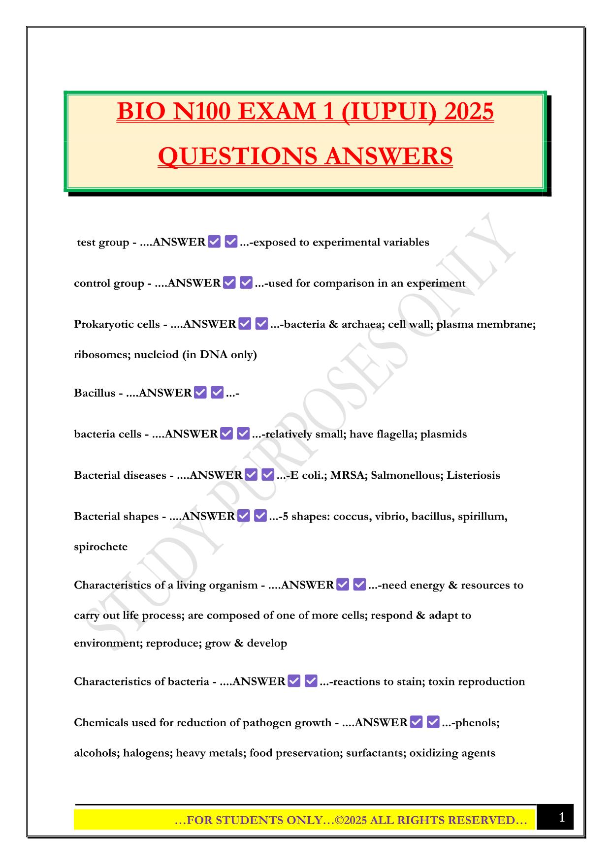 BIO N100 EXAM 1 (IUPUI) 2025 QUESTIONS ANSWERS