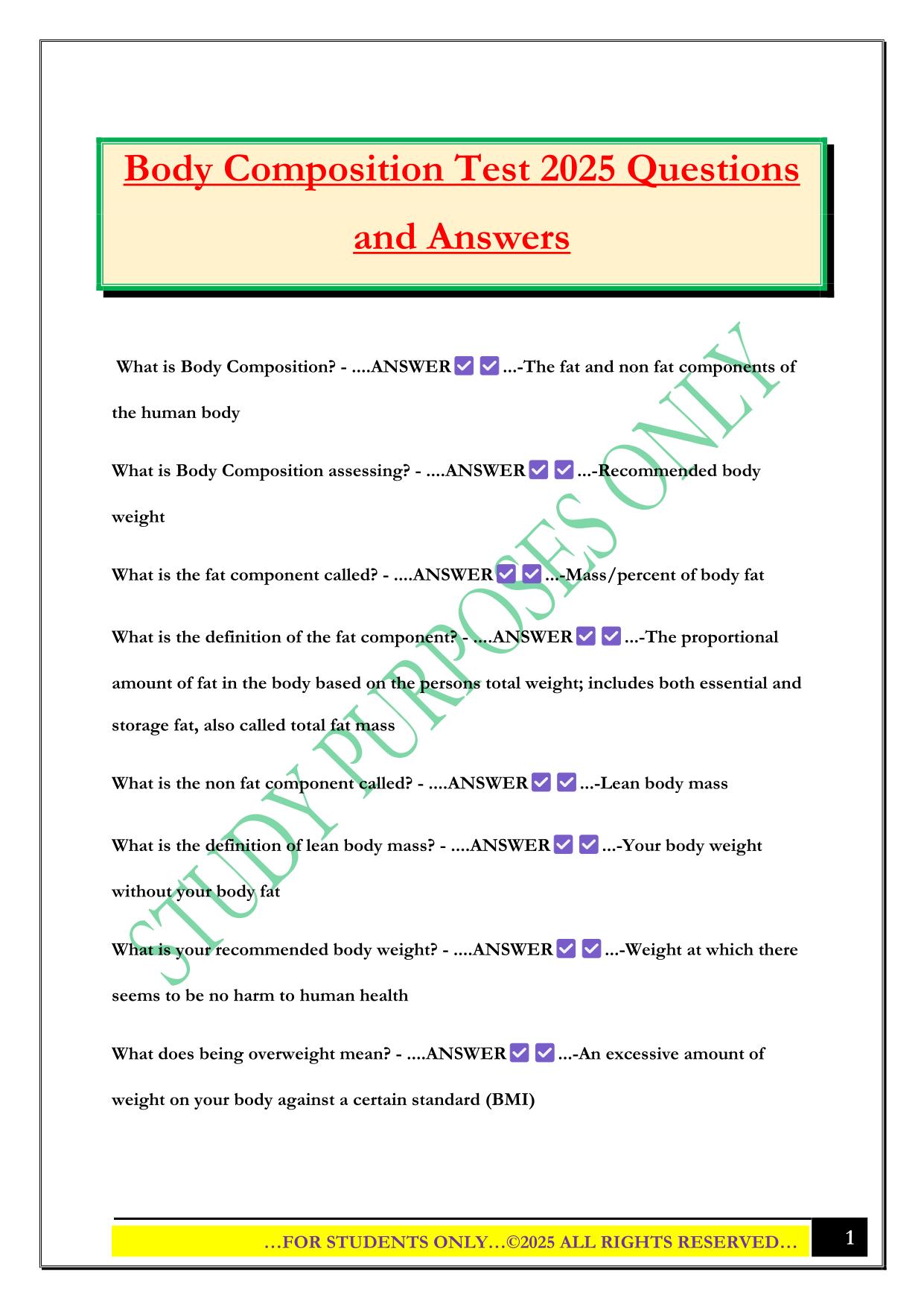 Body Composition Test 2025 Questions and Answers