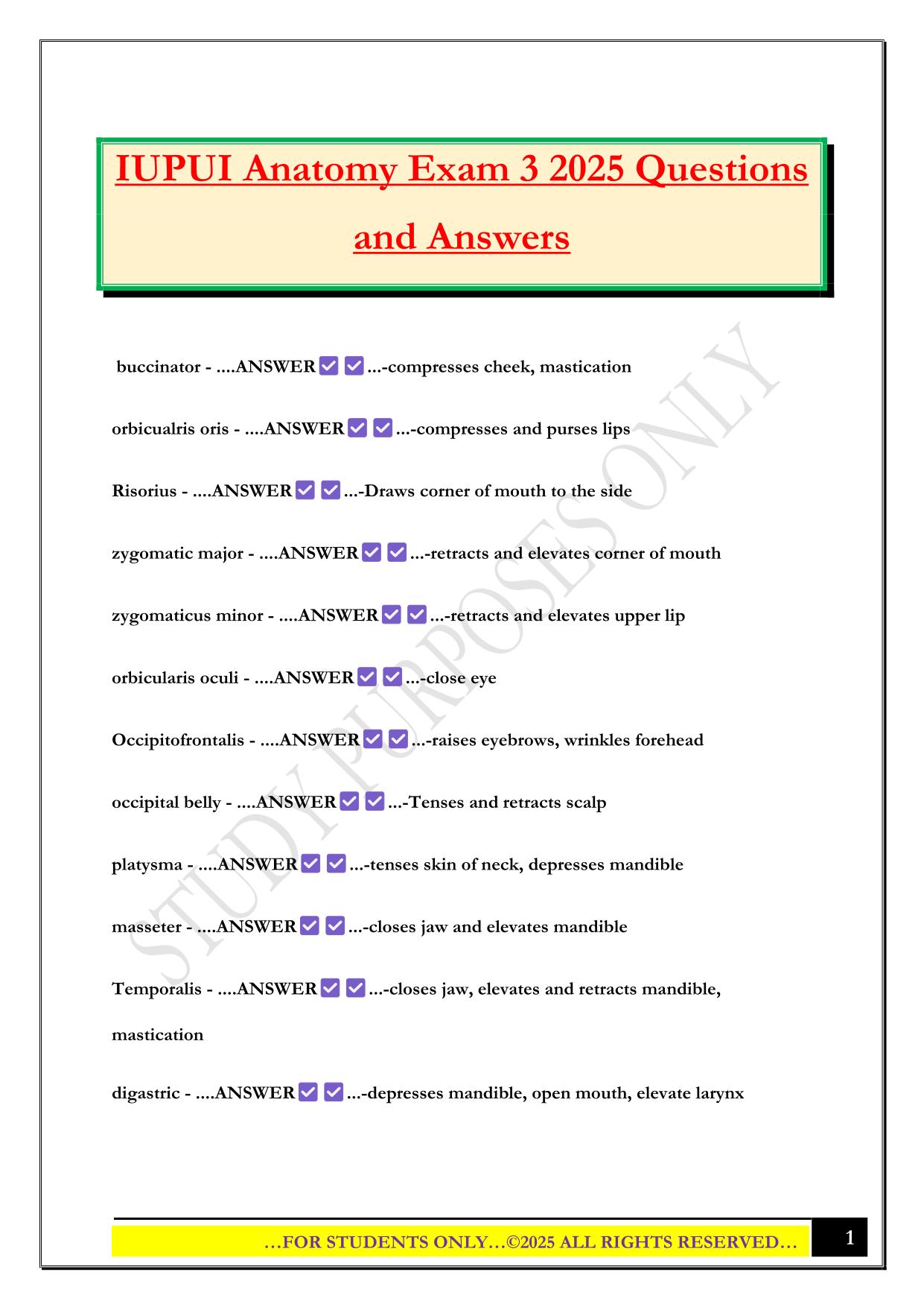 IUPUI Anatomy Exam 3 2025 Questions and Answers