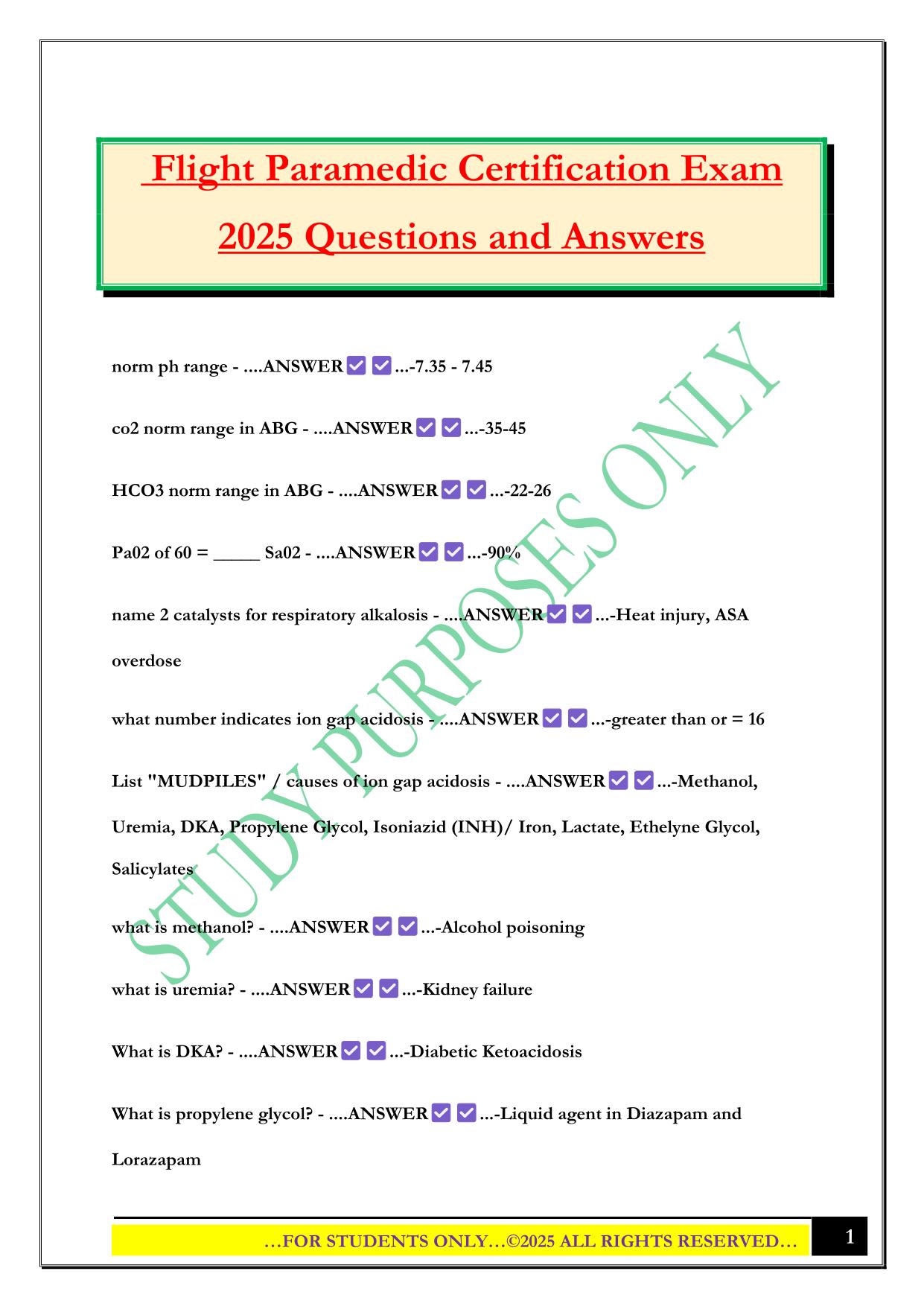 Flight Paramedic Certification Exam 2025 Questions and Answers