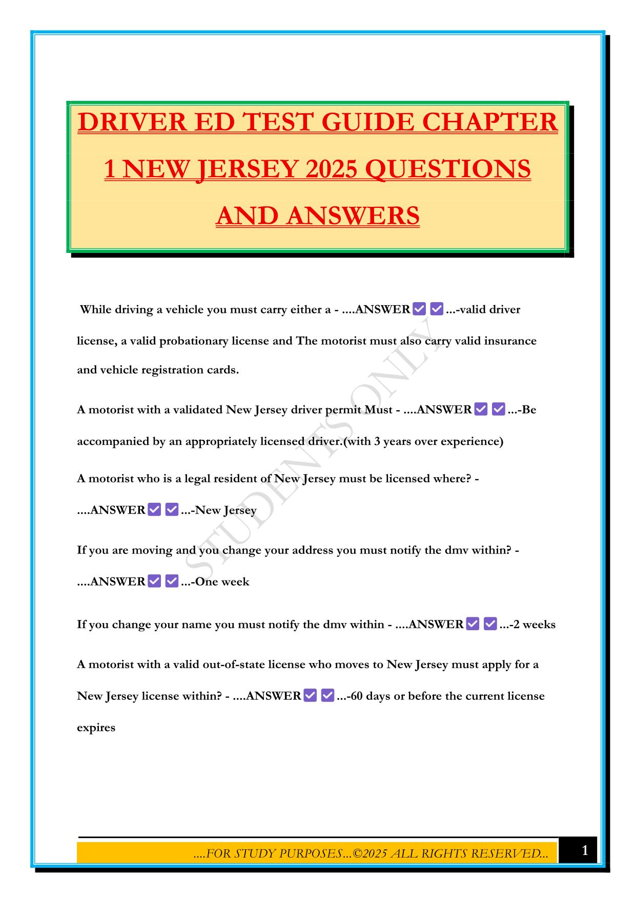 DRIVER ED TEST GUIDE CHAPTER 1 NEW JERSEY 2025 QUESTIONS AND ANSWERS