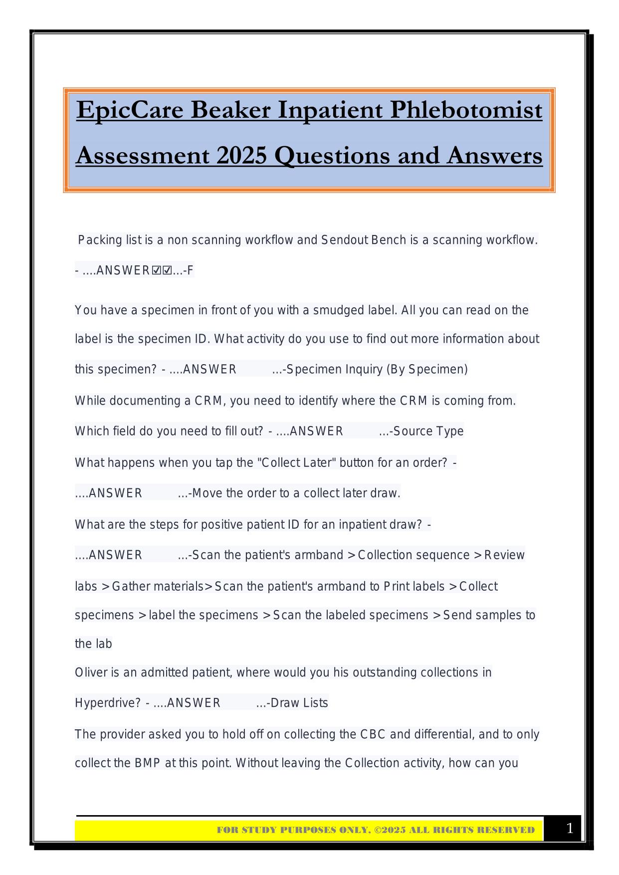 EpicCare Beaker Inpatient Phlebotomist Assessment 2025 Questions and Answers