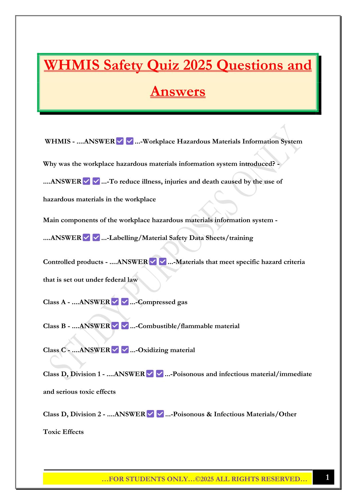 WHMIS Safety Quiz 2025 Questions and Answers