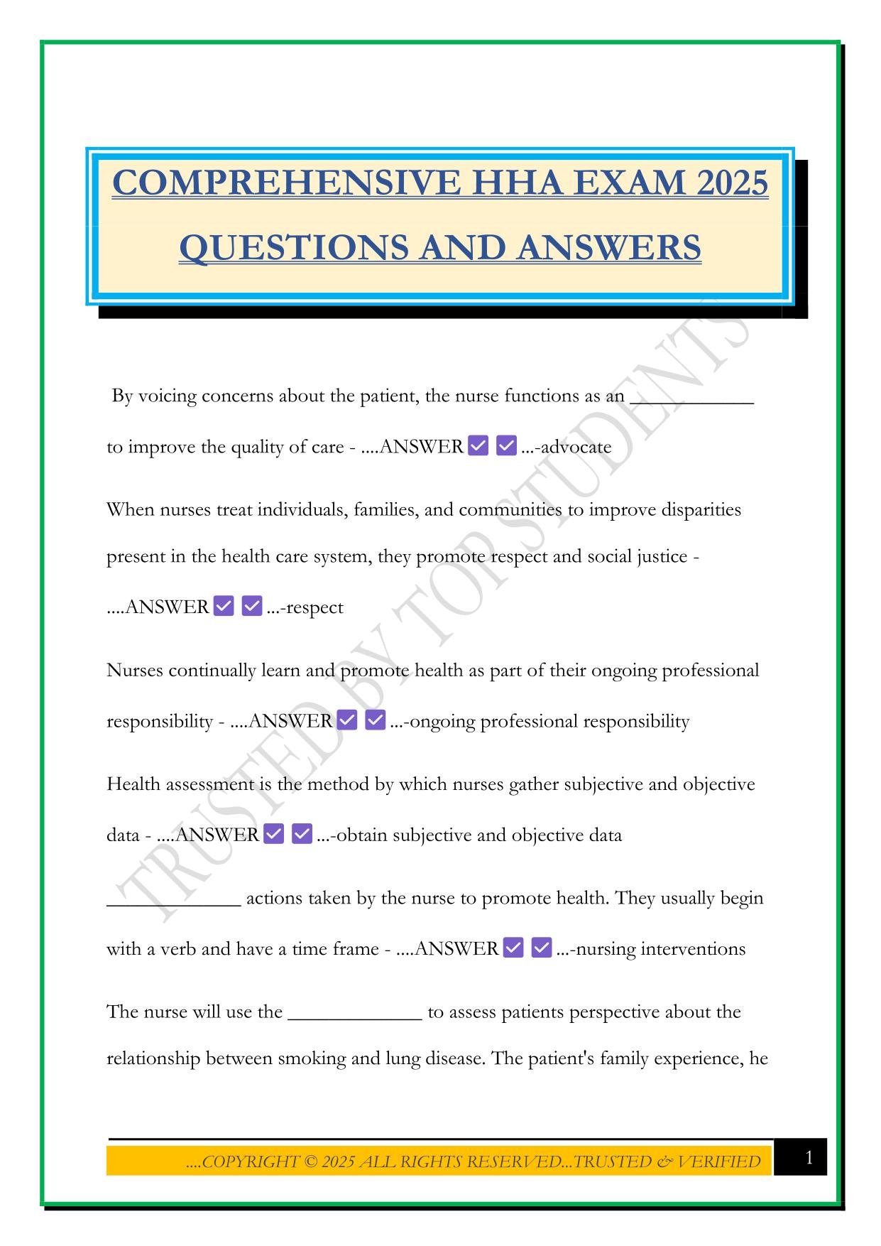 COMPREHENSIVE HHA EXAM 2025 QUESTIONS AND ANSWERS