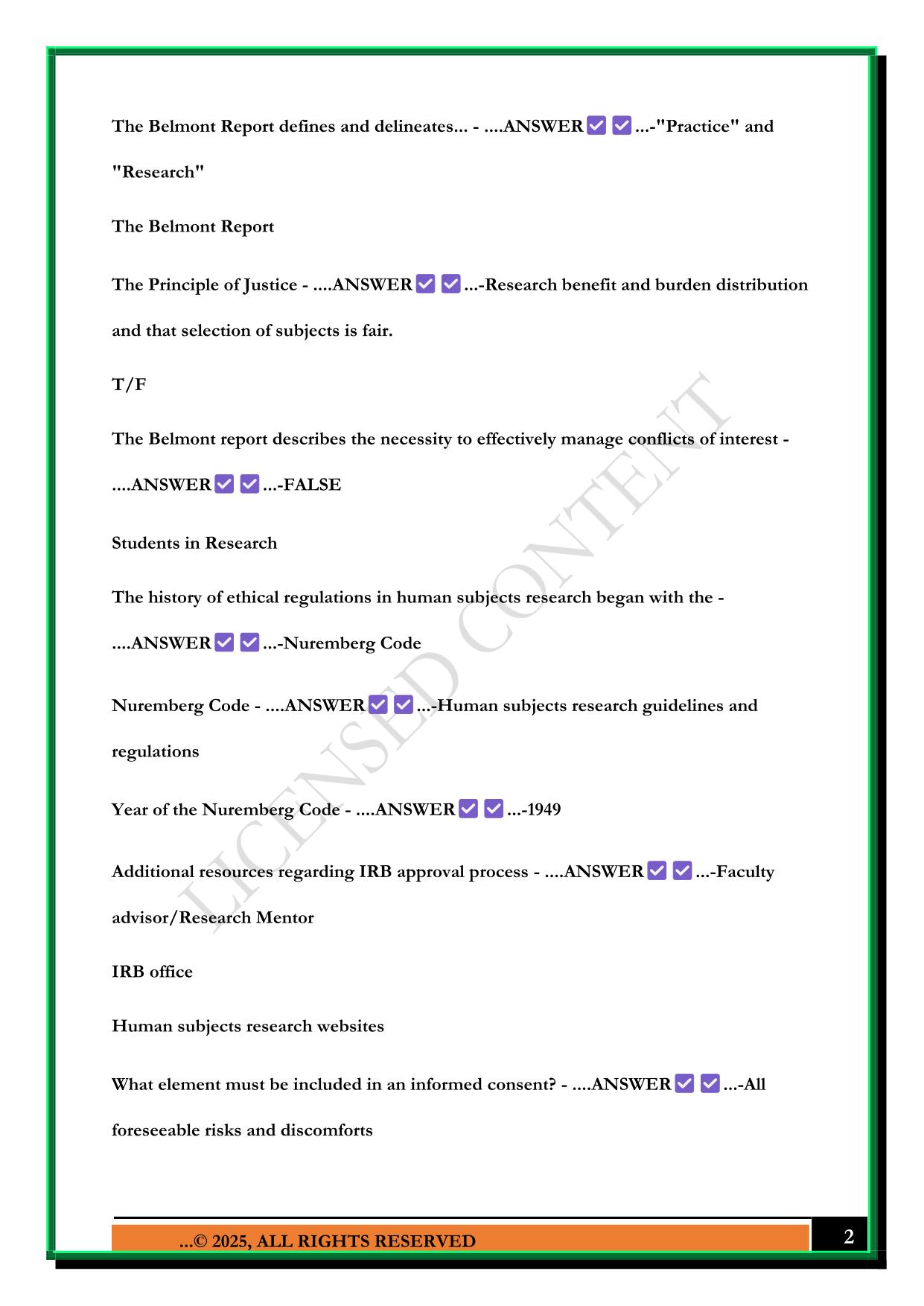 CITI TRAINING AND BELMONT REPORT 2025 QUESTIONS AND ANSWERS