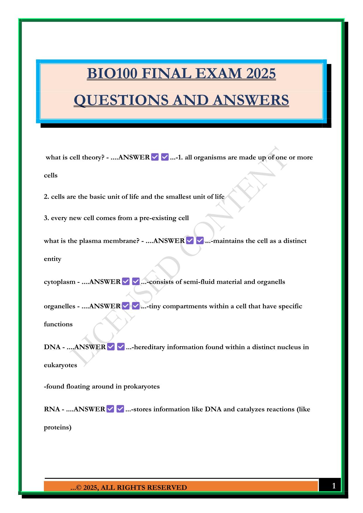BIO100 FINAL EXAM 2025 QUESTIONS AND ANSWERS