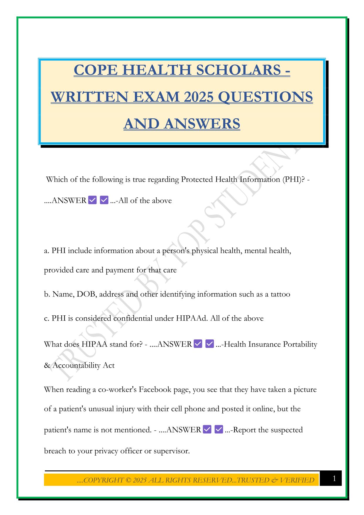 COPE HEALTH SCHOLARS - WRITTEN EXAM 2025 QUESTIONS AND ANSWERS