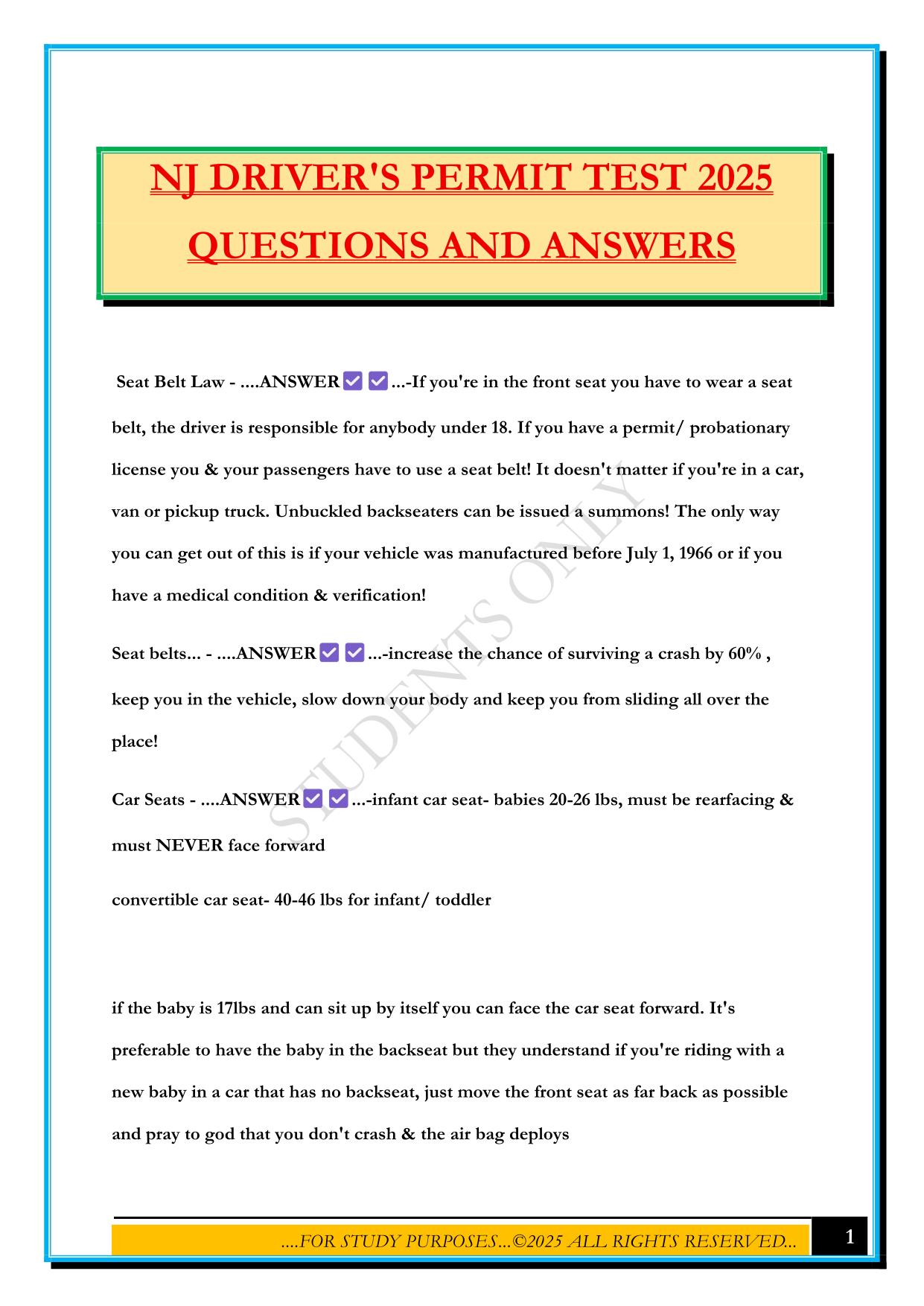NJ DRIVER'S PERMIT TEST 2025 QUESTIONS AND ANSWERS