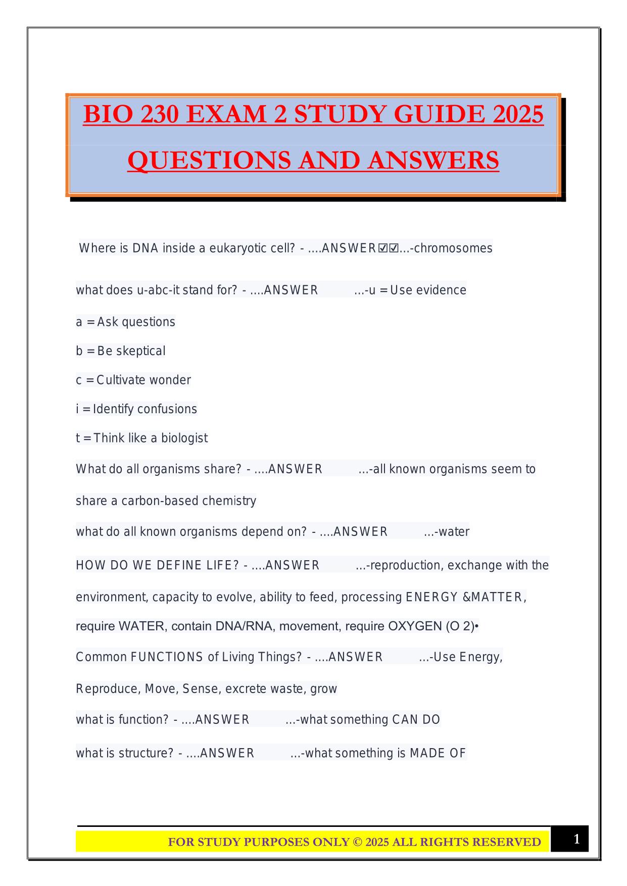 BIO 230 EXAM 2 STUDY GUIDE 2025 QUESTIONS AND ANSWERS