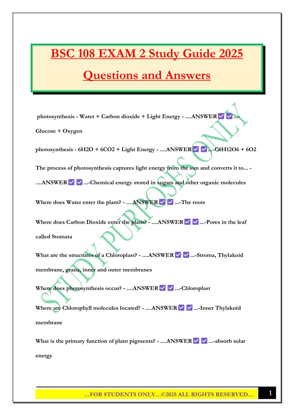 BSC 108 EXAM 2 Study Guide 2025 Questions and Answers