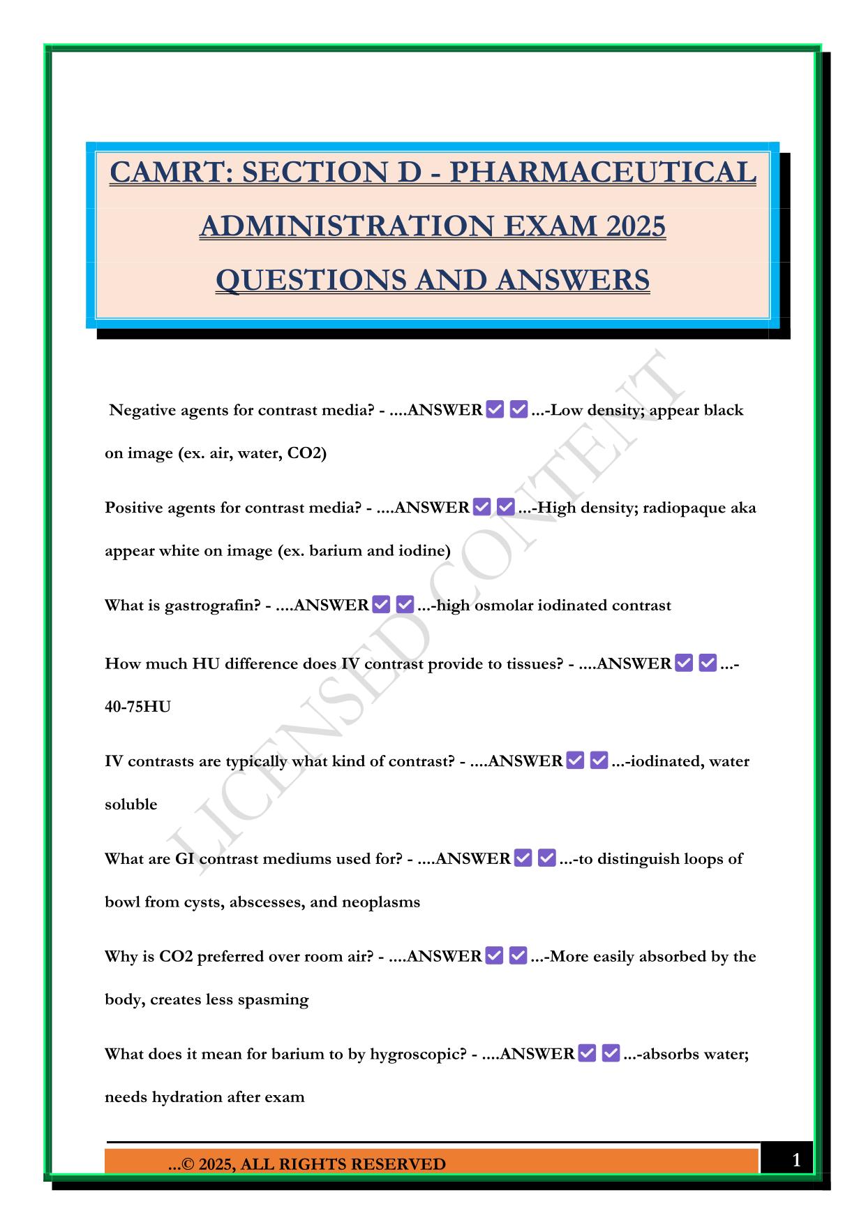 CAMRT: SECTION D - PHARMACEUTICAL ADMINISTRATION EXAM 2025 QUESTIONS AND ANSWERS