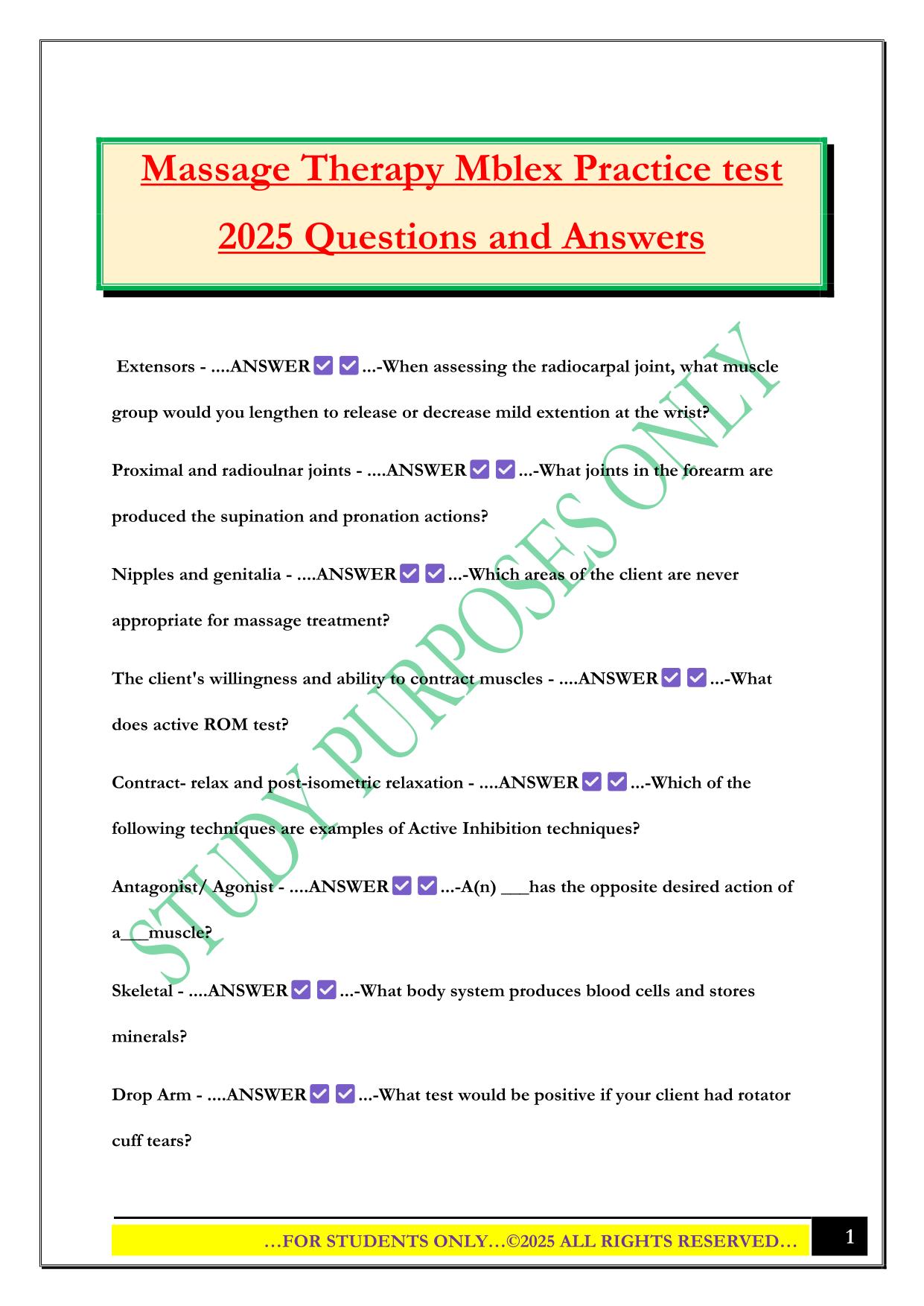 Massage Therapy Mblex Practice test 2025 Questions and Answers