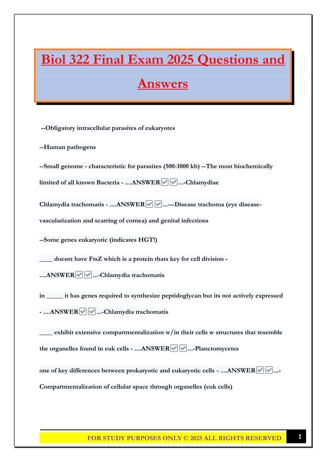 Biol 322 Final Exam 2025 Questions and Answers