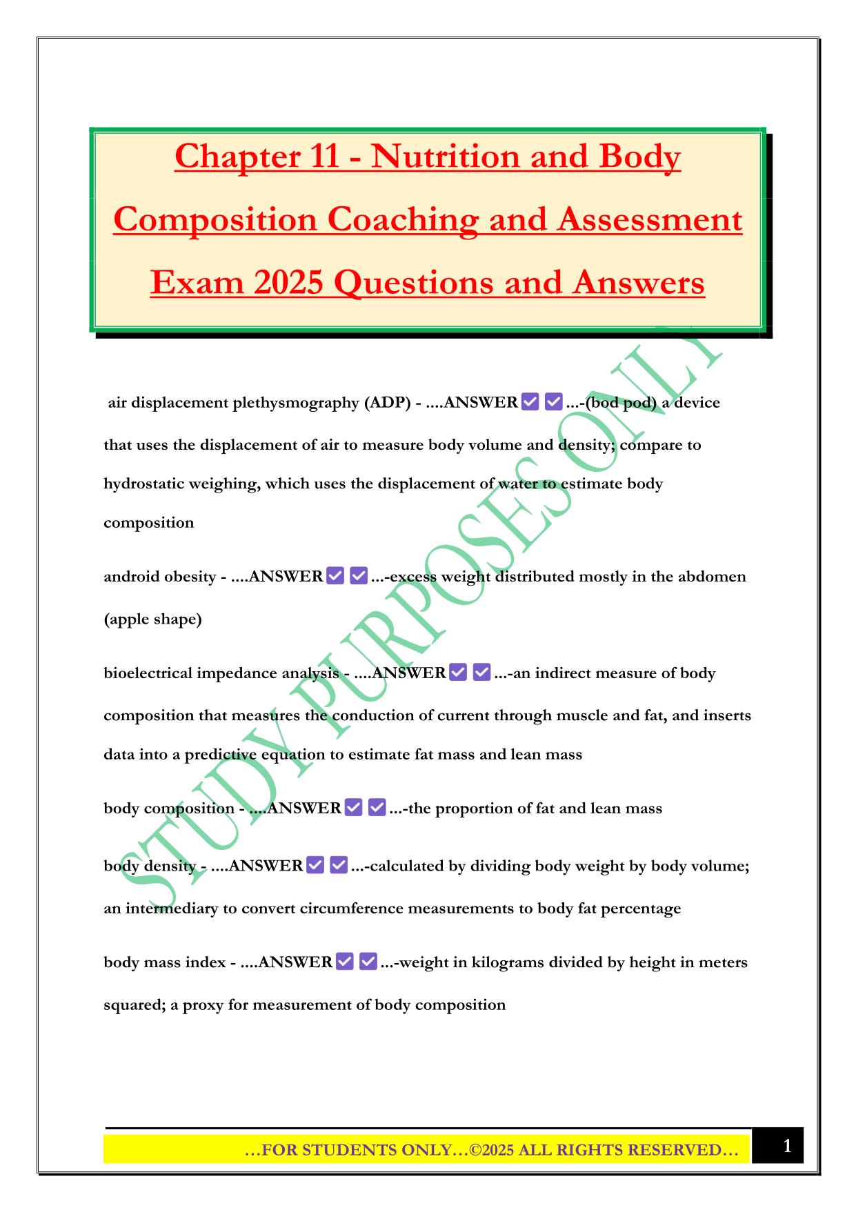 Chapter 11 - Nutrition and Body Composition Coaching and Assessment Exam 2025 Questions and Answers