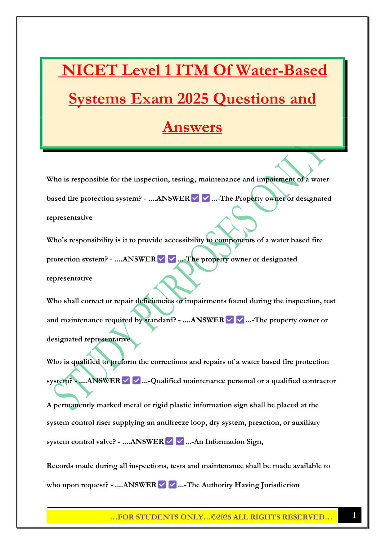 NICET Level 1 ITM Of Water-Based Systems Exam 2025 Questions and Answers