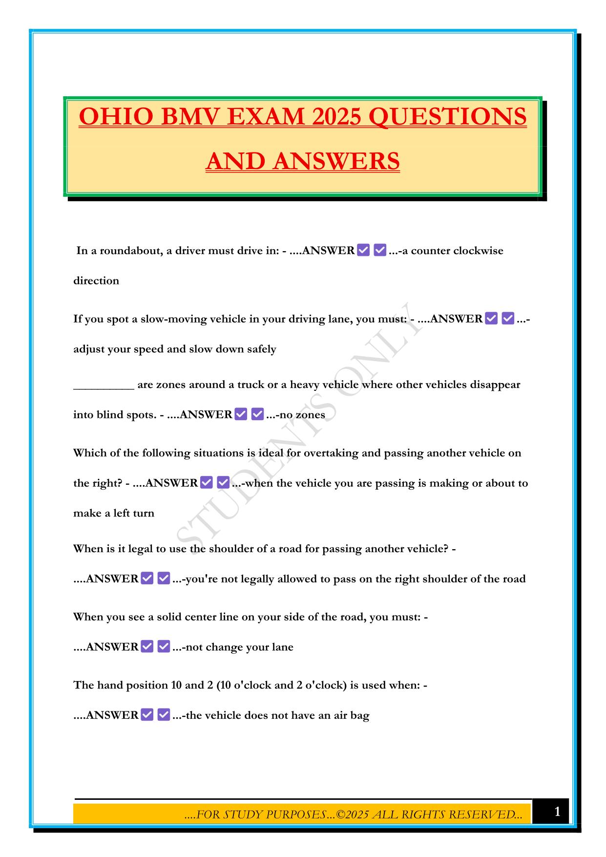 OHIO BMV EXAM 2025 QUESTIONS AND ANSWERS