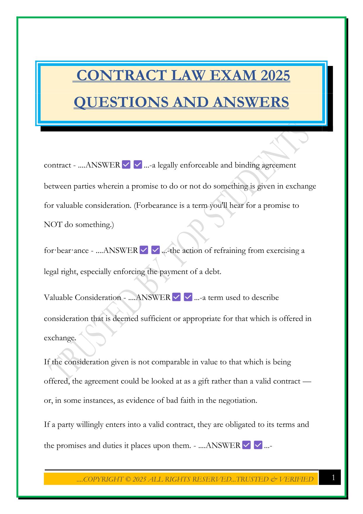 CONTRACT LAW EXAM 2025 QUESTIONS AND ANSWERS