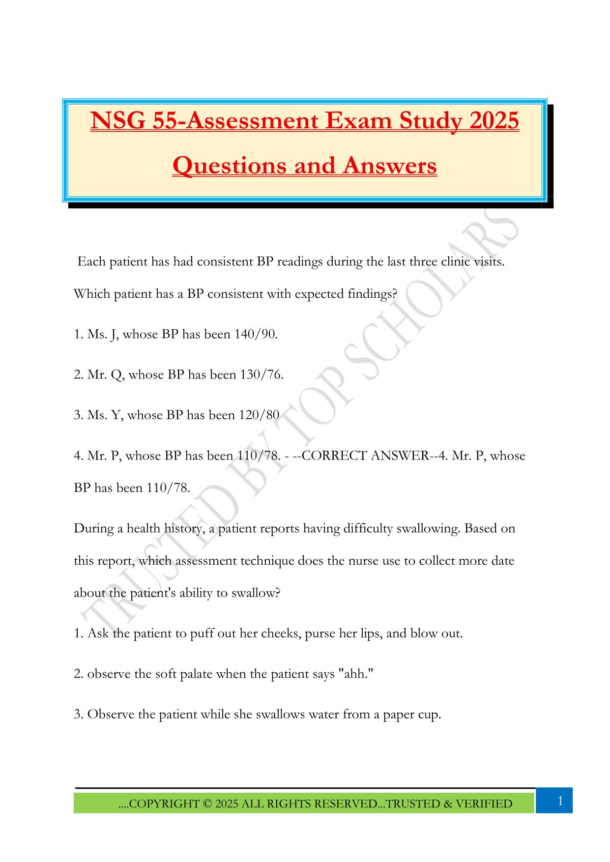 NSG 55-Assessment Exam Study 2025 Questions and Answers