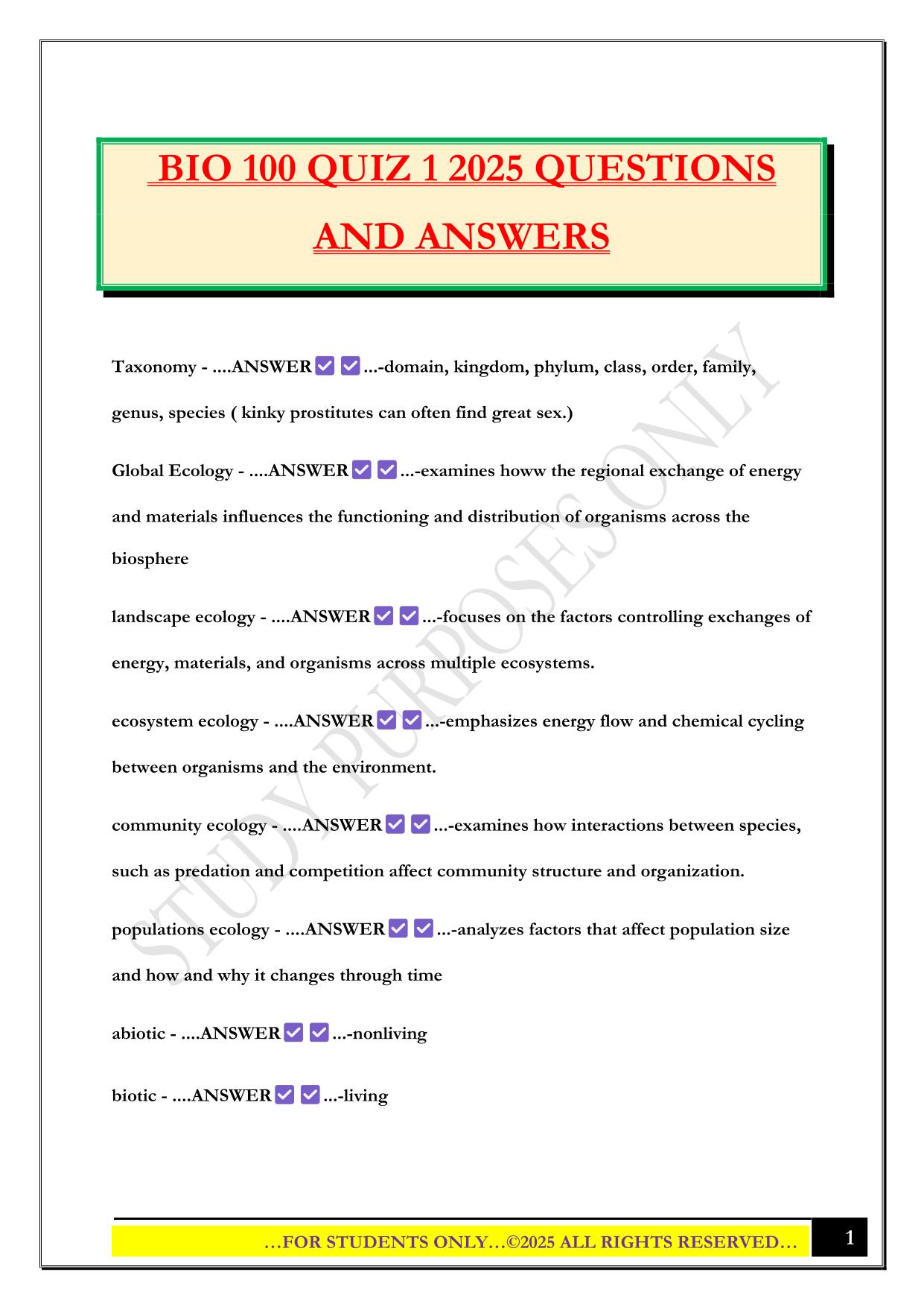 BIO 100 QUIZ 1 2025 QUESTIONS AND ANSWERS