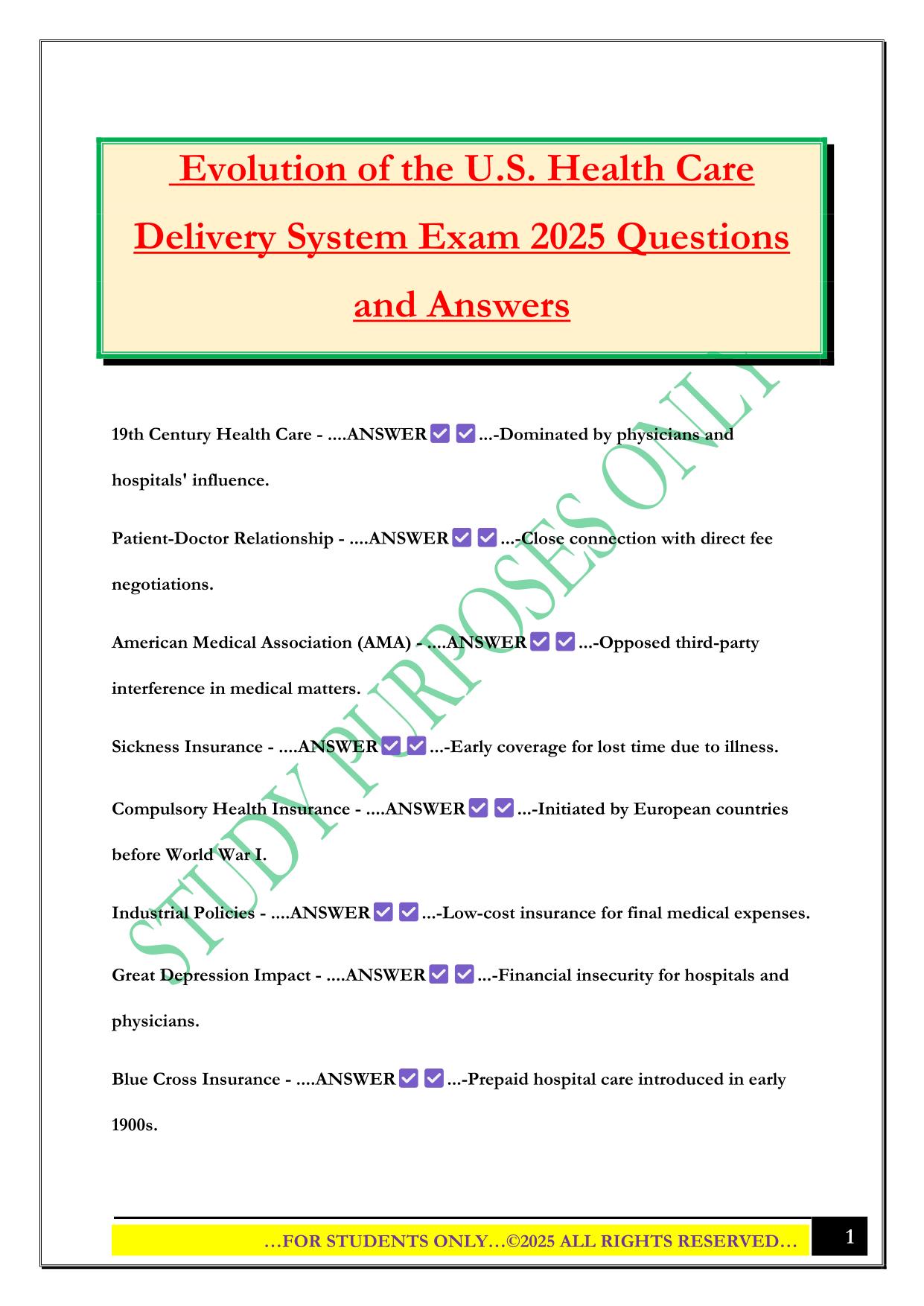 Evolution of the U.S. Health Care Delivery System Exam 2025 Questions and Answers