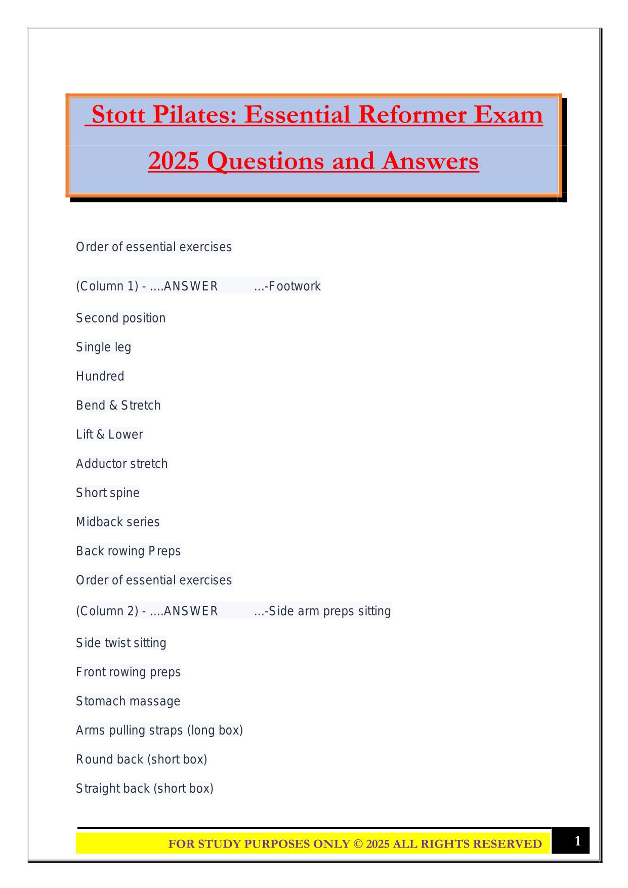 Stott Pilates: Essential Reformer Exam 2025 Questions and Answers
