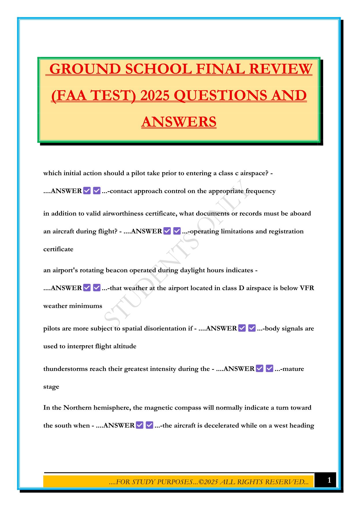 GROUND SCHOOL FINAL REVIEW (FAA TEST) 2025 QUESTIONS AND ANSWERS