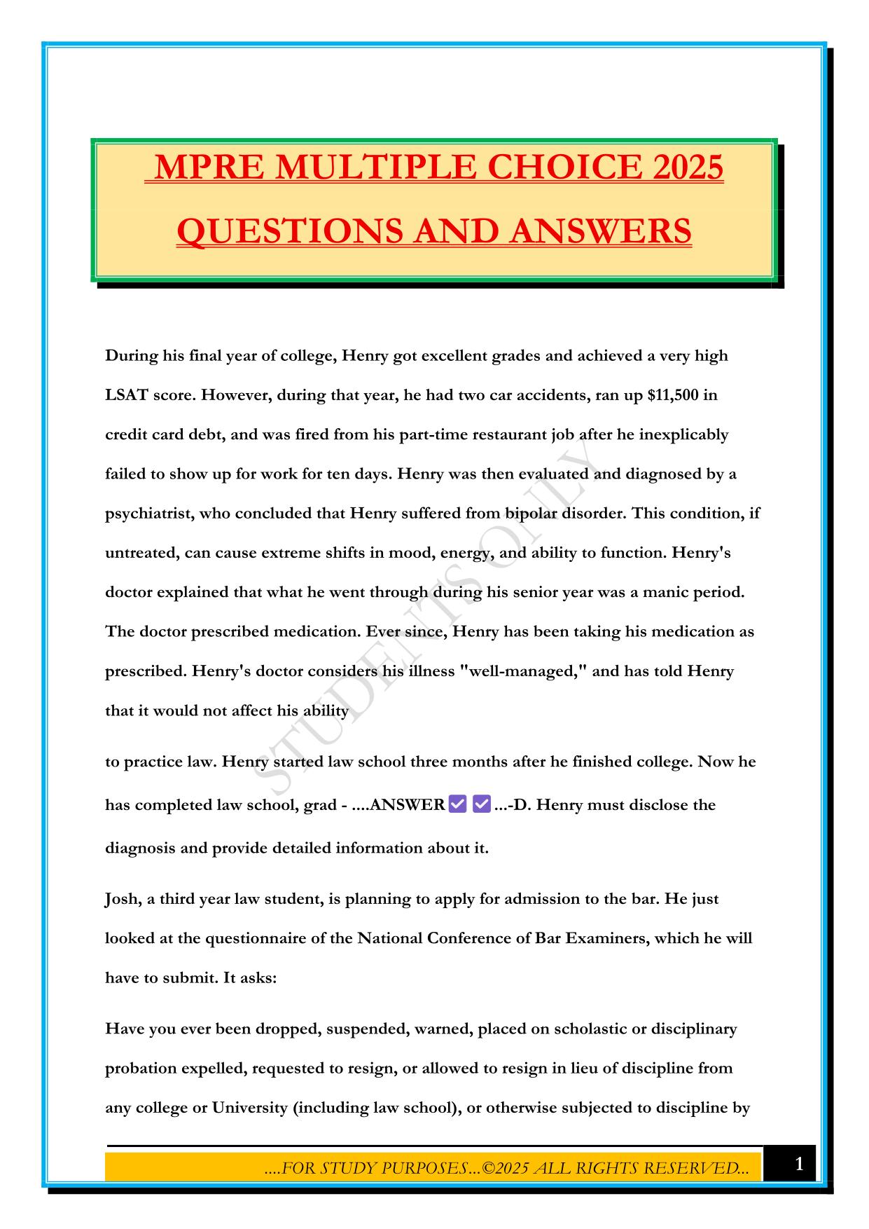 MPRE MULTIPLE CHOICE 2025 QUESTIONS AND ANSWERS