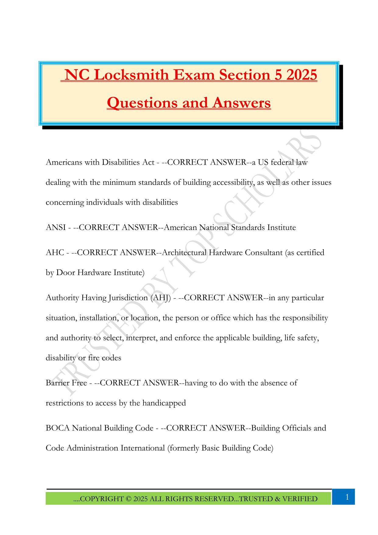NC Locksmith Exam Section 5 2025 Questions and Answers