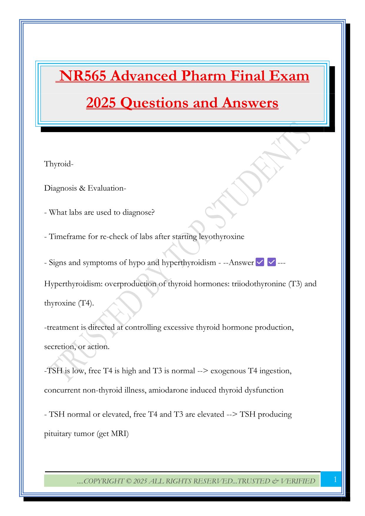 NR565 Advanced Pharm Final Exam 2025 Questions and Answers
