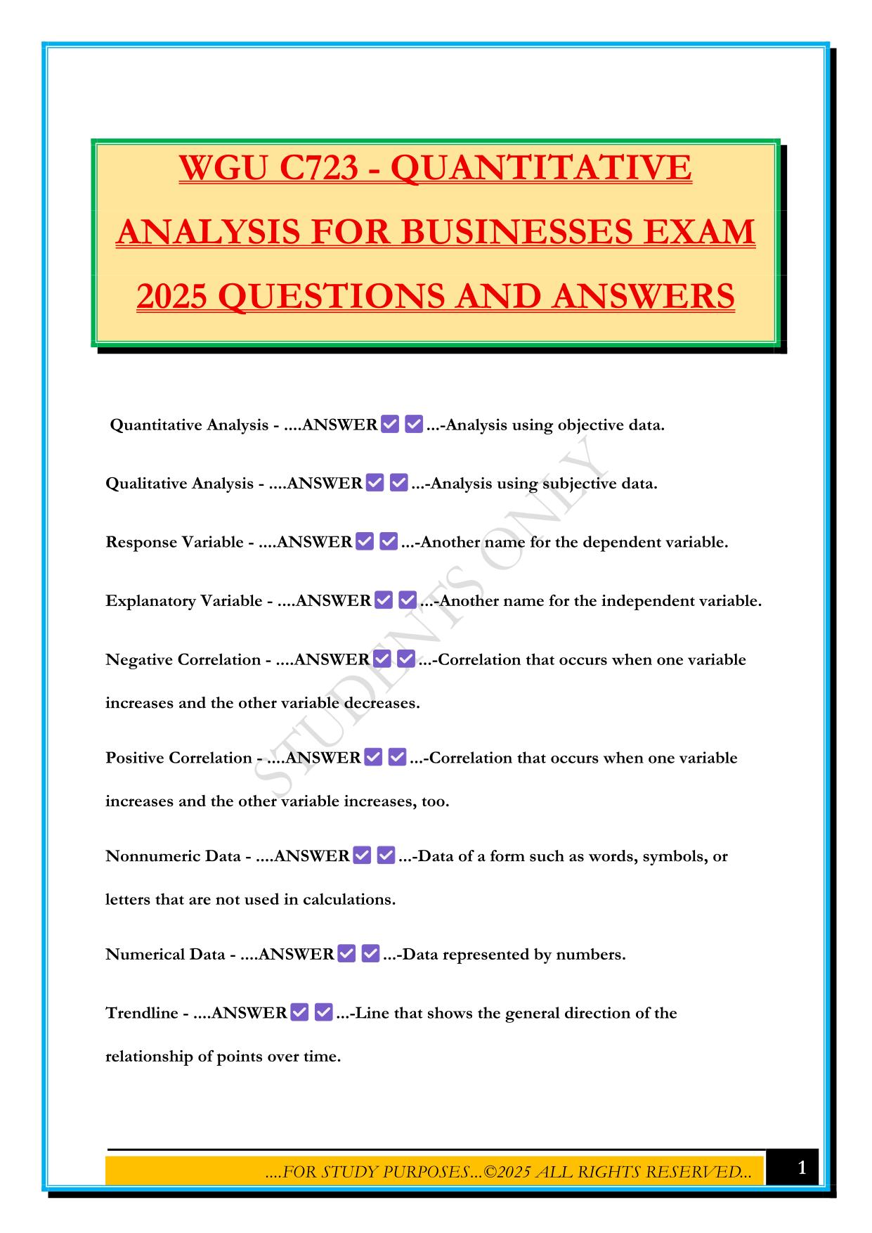 WGU C723 - QUANTITATIVE ANALYSIS FOR BUSINESSES EXAM 2025 QUESTIONS AND ANSWERS