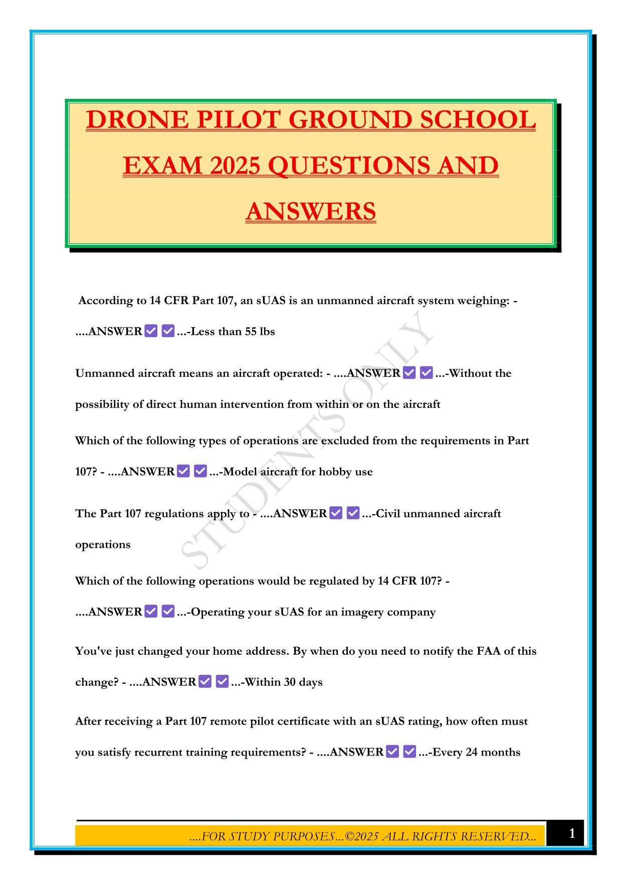 DRONE PILOT GROUND SCHOOL EXAM 2025 QUESTIONS AND ANSWERS