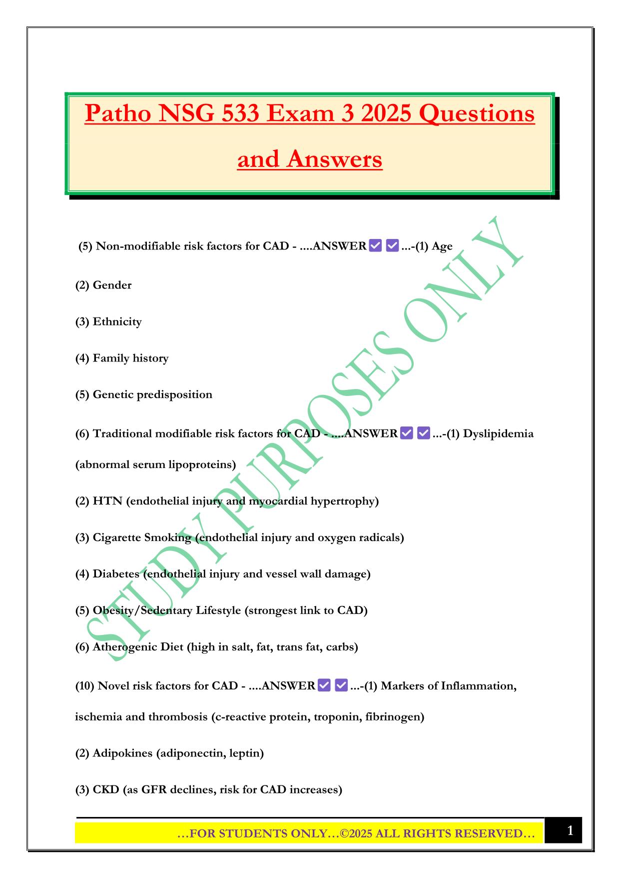 Patho NSG 533 Exam 3 2025 Questions and Answers