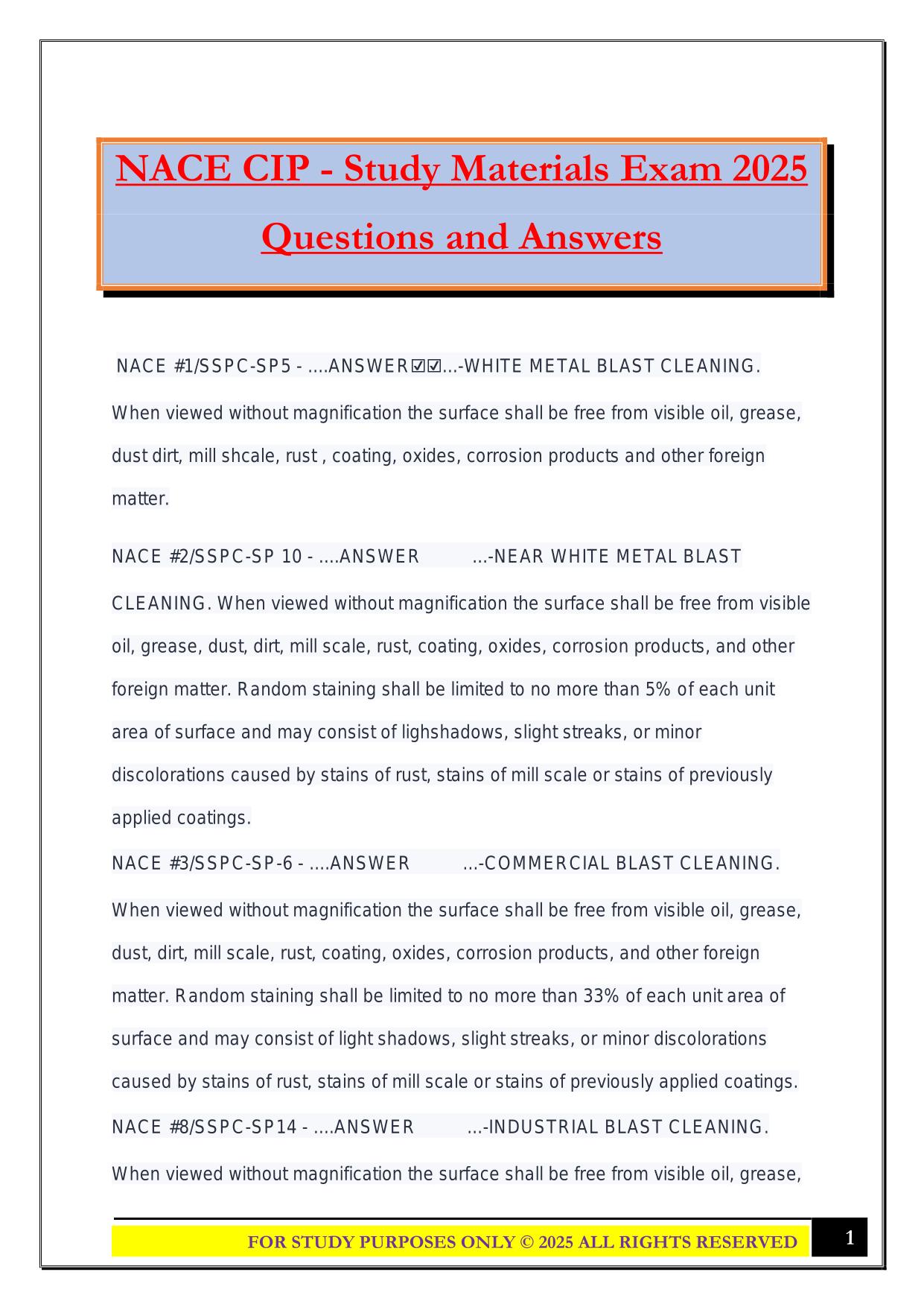 NACE CIP - Study Materials Exam 2025 Questions and Answers