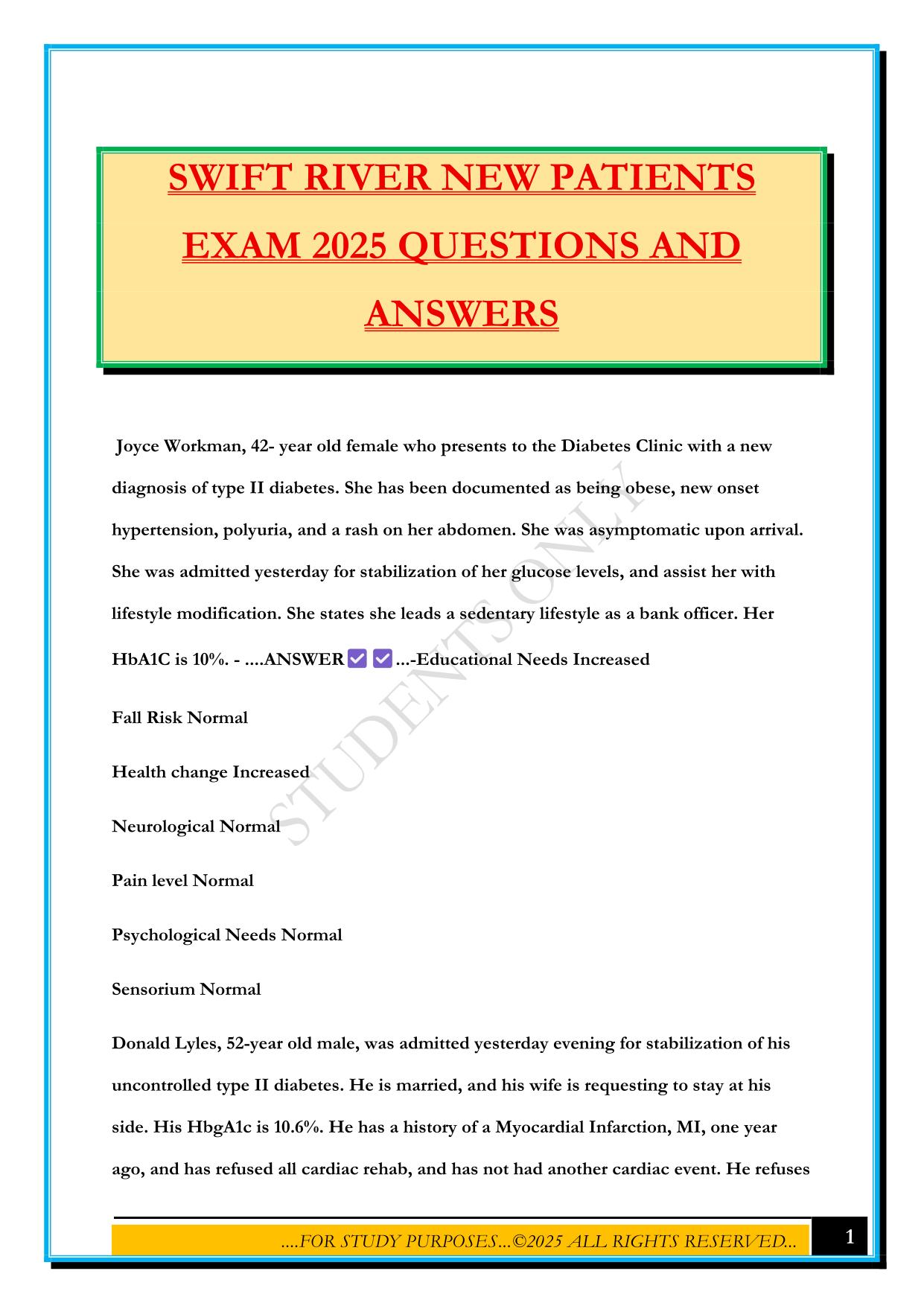 SWIFT RIVER NEW PATIENTS EXAM 2025 QUESTIONS AND ANSWERS