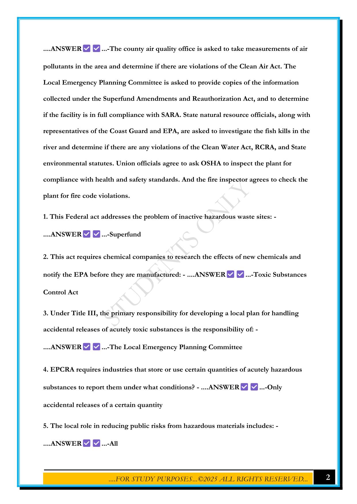 FEMA : IS.5.A INTRODUCTION TO HAZARDOUS MATERIALS EXAM 2025 QUESTIONS AND ANSWERS