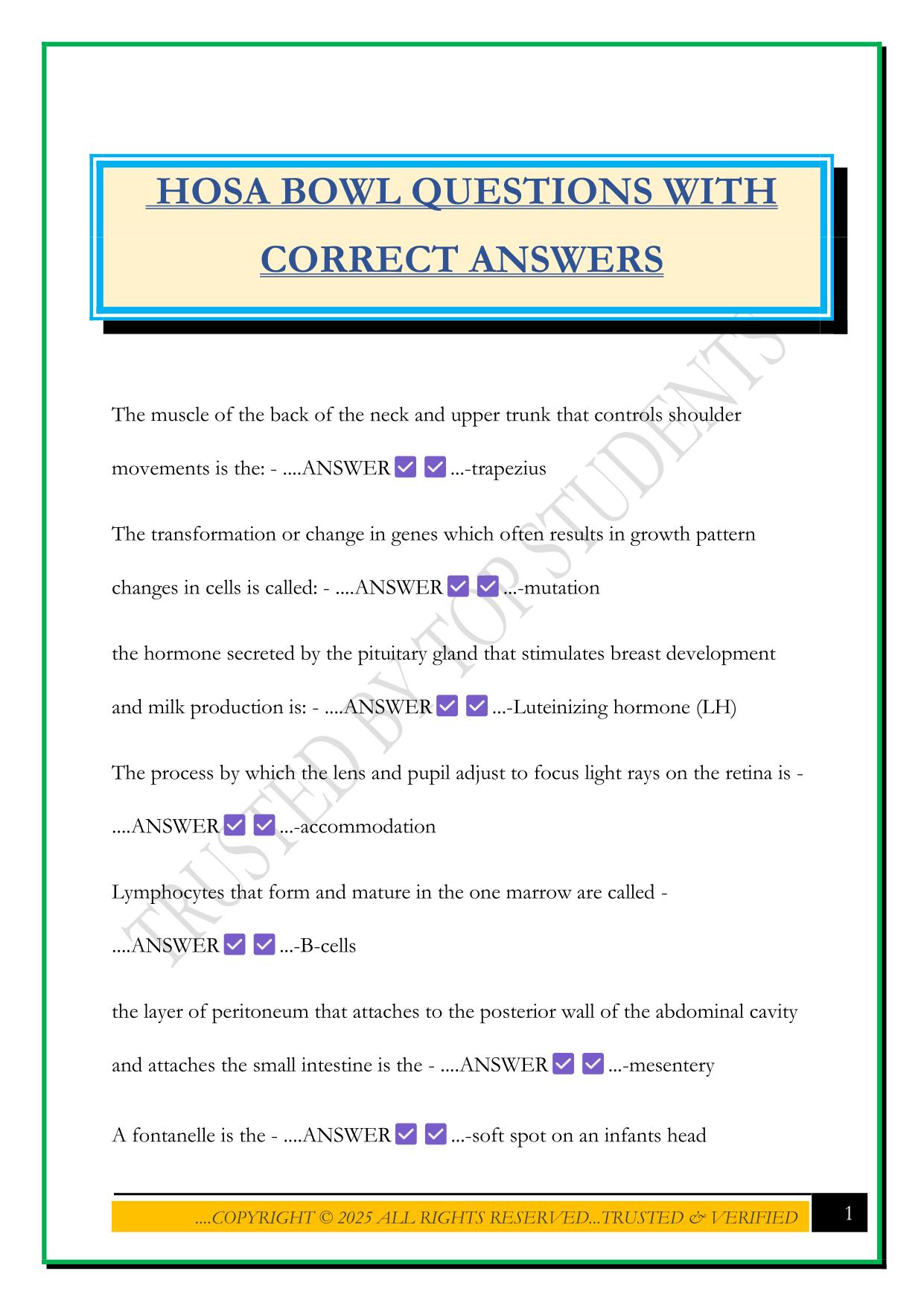 HOSA BOWL QUESTIONS WITH CORRECT ANSWERS
