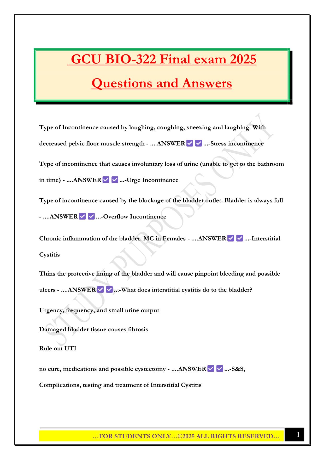 GCU BIO-322 Final exam 2025 Questions and Answers