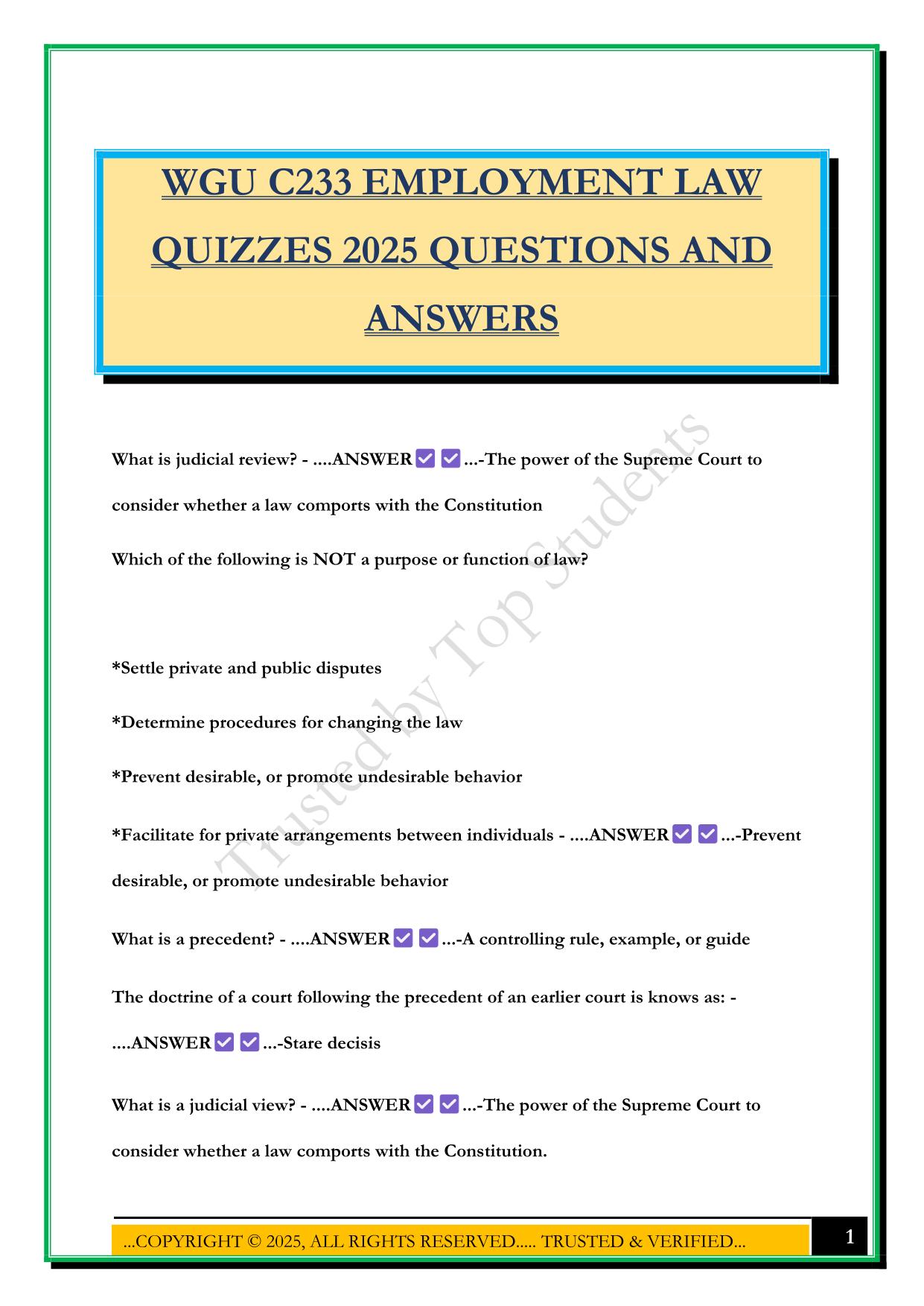 WGU C233 EMPLOYMENT LAW QUIZZES 2025 QUESTIONS AND ANSWERS